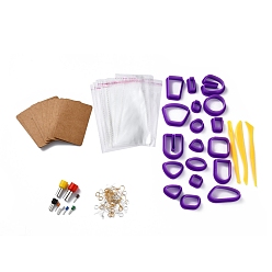 Purple 29Pcs 29 Style Circle & Fan & Triangle & Oval Stainless Steel & Polymer Clay Pendant Cutters, Plastic Clay Sculpting Tools, with Plastic Nuts & Bags, Iron Earring Hooks & Jump Rings, Purple, 129Pcs/set