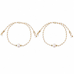 White Summer Natural Freshwater Pearl Round Beads Braided Cotton Cord Bracelet Sets for Women, Boho Adjustable Stackable Bracelets, Golden, White, 11.02 inch(28cm), 2pcs/set