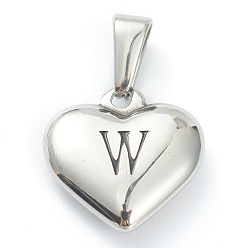 Letter W 304 Stainless Steel Pendants, Heart with Black Letter, Stainless Steel Color, Letter.W, 16x16x4.5mm, Hole: 7x3mm