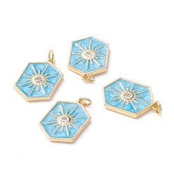 Светло-Голубой Латунные микропаве прозрачные подвески с фианитом, с эмалью и кольцом для прыжков, реальный 18 k позолоченный, без свинца, без кадмии и без никеля, шестиугольник, Небесно-голубой, 22.5x15x2 мм, отверстие : 3.5 мм