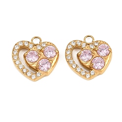Pink 304 подвески из микро-паве из нержавеющей стали с фианитами, сердце прелести, ионное покрытие (ip), реальный 18 k позолоченный, розовые, 11x11x3 мм, отверстие : 1.5 мм