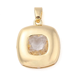 Clear Rack Plating Brass Pendants, Square Shaped Glass Charms, Long-Lasting Plated, Cadmium Free & Lead Free, Real 18K Gold Plated, Clear, 21x18x7mm, Hole: 3x5.5mm