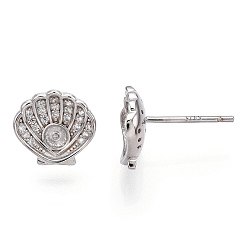 Real Platinum Plated Rhodium Plated 925 Sterling Silver Micro Pave Cubic Zirconia Stud Earring Findings, with Peg Bails, for Half Drilled Beads, Shell/Scallop Shape, Nickel Free, with S925 Stamp, Real Platinum Plated, 10x10.5mm, Pin: 0.7mm(for Half Drilled Beads), Pin: 0.8mm