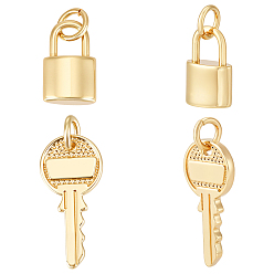 Настоящее золото 18K 24 шт 2 стили латунные подвески, Замок и ключ, с прыжковых колец, долговечный, без свинца и без кадмия, реальный 18 k позолоченный, 11.5~18.5x7.5~8.5x1~3.5 мм, Перейти кольцо: 4~4.6x0.7~0.8 мм, 3~3.5 мм внутренним диаметром, 12 шт / стиль