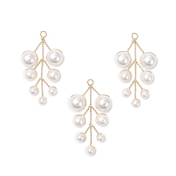 Белый Подвески в виде листьев из круглых бусин с ракушечным жемчугом, с обмоткой из экологически чистой медной проволоки, золотые, белые, 39~40x21~23x8 мм, отверстие : 2 мм