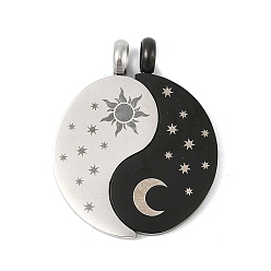 Черный 304 стали сплит подвески из нержавеющей, инь-янь с талисманом солнца и луны, черная и нержавеющая сталь цвет, 31.5x25.5x2.5 мм, отверстие : 2.5 мм, 2 шт / комплект