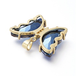 Blue Brass Micro Pave Clear Cubic Zirconia Pendants, with Glass, Butterfly, Golden, Blue, 20x26.5x5mm