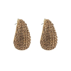 Black Diamond Alloy Rhinestone Stud Earring, Teardrop, Golden, Black Diamond, 32x18mm