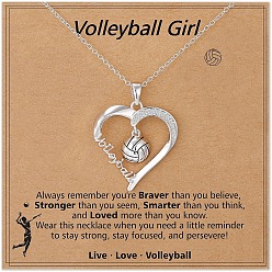 Серебро Спортивный мяч сердце сплав микро паве прозрачный кубический цирконий кулон ожерелья для девочек, платина, волейбол, 15.75 дюйм (40 см)