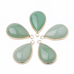 Green Aventurine Natural Green Aventurine Pendants, with Golden Tone Brass & Iron Finding, teardrop, 30.5~31x18~19x6.5~7mm, Hole: 2mm
