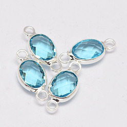 Deep Sky Blue Oval Faceted Silver Color Plated Brass Glass Links connectors, Deep Sky Blue, 14.5~15x6.5~7.5x3.2mm, Hole: 1mm