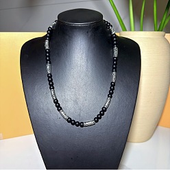 Antique Silver Vintage Frosted 8MM Natural Black Onyx(Dyed & Heated) Round Beaded Necklaces with Alloy Tube for Men, Antique Silver, 21.65 inch(55cm)