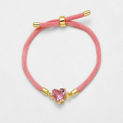 Ярко-Розовый Регулируемые браслеты из хлопкового шнура с ползунком, Браслеты из латуни в форме сердца, инкрустированные кубическим цирконием, для женщин., золотые, ярко-розовый, 7.87 дюйм (20 см)