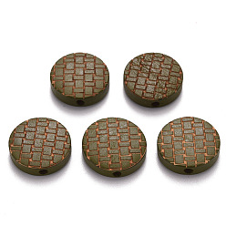 Olive Painted Natural Wood Beads, Laser Engraved Pattern, Flat Round, Olive, 15x5mm, Hole: 1.8mm
