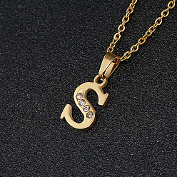 Letter S 201 ожерелья с подвесками из нержавеющей стали и стразами, золотые, Письмо с, 17.72 дюйм (45 см), Кулон : 16x11 мм