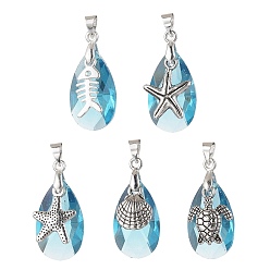 Античный Серебристый & Цвет Нержавеющей Стали Подвески-капли из сплава и стекла с морской тематикой, старинное серебро и цвет нержавеющей стали, 27x13x9~10.5 мм, отверстие : 5x4 мм