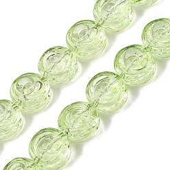 Hellgrün Backfarbe transparente Glasperlenstränge, flach rund mit rosafarbener Blume, hellgrün, 10x5.3 mm, Bohrung: 1 mm, ca. 65 Stk. / Strang, 25.20'' (64 cm)