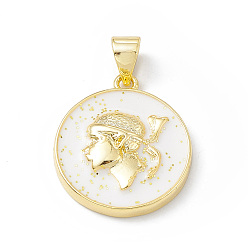 Белый Подвески из латуни с эмалью в стойку, с блеском порошок, долговечный, реальный 18 k позолоченный, плоский круглый с человеческим обаянием, белые, 19x16.5x3.5 мм, отверстие : 4x3 мм
