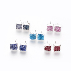 (52) Непрозрачная лаванда Серьги-гвоздики из натурального окрашенного кварца, с 304 фурнитурой из нержавеющей стали, квадратный, серебряные, разноцветные, 10x10x6~10 мм , штифт: 0.7 мм