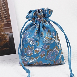 Cornflower Blue Chinese Style Rectangle Satin Cloth Flower Printed Drawstring Gift Bags, Storage Bags, Cornflower Blue, 12x9cm