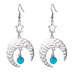 Sky Blue Antique Silver Alloy Star & Moon Dangle Earrings, with Glass Beads, Sky Blue, 70.5x32.5mm
