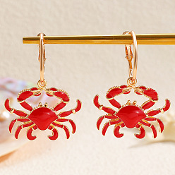 Красный Серьги-кольца из эмалированного сплава в форме краба, золотые, красные, 37x30 мм
