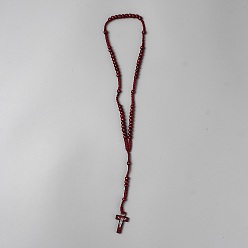 Dark Red Jesus Cross Pinewood Pendant Polyester Cord Rosary Bead Necklaces for Men Women, Dark Red, 22.83 inch(58cm)
