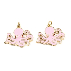Pink Латунь эмаль подвески, с прыжковых колец, стойки покрытие, реальный 18 k позолоченный, без свинца и без кадмия, долговечный, прелести осьминога, розовые, 18x24x2 мм, отверстие : 3.4 мм