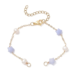 Синий Кружевый Агат Изготовление браслета-цепочки из синтетического голубого кружевного агата и натурального пресноводного жемчуга с рисом и латунью, золотые, 6-3/8 дюйм (16.1 см)