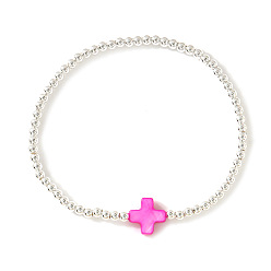 Ярко-Розовый Латунные круглые бусины эластичные браслеты, крестик из натуральных ракушек для женщин, платина, ярко-розовый, 6.89 дюйм (17.5 см)