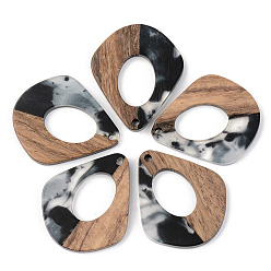 Black Transparent Resin & Walnut Wood Pendants, Teardrop, Black, 32.5x27.5x3mm, Hole: 2mm