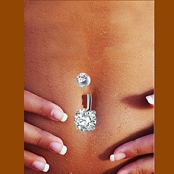 Clear Piercing Jewelry, Brass Cubic Zirconia Navel Ring, Belly Rings, with 304 Stainless Steel Bar, Lead Free & Cadmium Free, Flat Round, Platinum, Clear, 21x8mm, Bar: 15 Gauge(1.5mm), Bar Length: 3/8"(10mm)