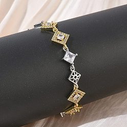 Платиновый & Золотой Латунные браслеты-цепочки с микропаве из прозрачных кубических цирконий для женщин, ромб, долговечный, стойки покрытие, без кадмия и без свинца, платиной и золотом, 7.48 дюйм (19 см), ссылка: 9~12x13~17x3~4 mm