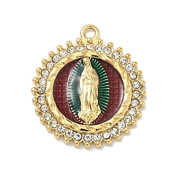 Плоский Круглый 304 эмалированная нержавеющая сталь с подвесками из хрустальных страз, вакуумное покрытие pvd, реальный 18 k позолоченный, плоский круглый с шармом Девы Марии, 23x20.5x3 мм, отверстие : 1.6 мм