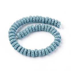 Sky Blue Natural Lava Rock Beads Strands, Dyed, Flat Round/Disc, Sky Blue, 8~8.5x3~4mm, Hole: 2mm, about 62 pcs/Strand, 7.87 inch(20 cm)