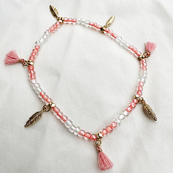Светло-Коралловый Браслеты на ногу в стиле бохо с подвеской в виде пера, кисточкой из пластика, украшенные бисером, античное золото , свет коралловый, 9-1/2 дюйм (240 мм)