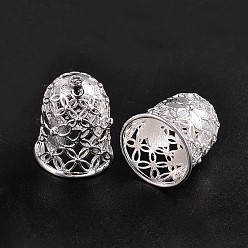 Серебро Полый колокольчик с цветочными латунными концами, Торцевые крышки, серебряный цвет гальваническим, 15x12 мм, отверстие : 2 мм, внутренний диаметр: 9 мм