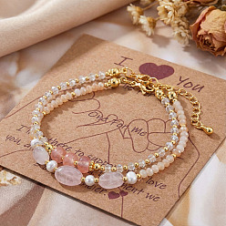 Laiton 2Bracelets en perles de quartz rose naturel, verre, perles d'imitation et laiton pour femmes, rondelle et ovale, avec carte papier, 6.50 pouces (16.5 cm) ~6.69 pouces (17 cm)