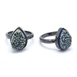 Васильковый Гальванизированный естественный druzy кварцевый кристалл палец кольца, с фурнитурой из экологически чистой латуни, без свинца и без кадмия, долговечный, плоско-круглые, Размер 7, металлический черный , васильковый, 17 мм