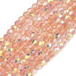 Легкий Лосось Гальванизируйте прозрачное стекло бисер нитей, двухконусные, с покрытием AB цвета, граненые, с половиным покрытием, светлый померанцевый, 4.5x3.5~4 мм, отверстие : 0.8~1 мм, около 82~83 шт / нитка, 12.01''~12.20'' (30.5~31 см).