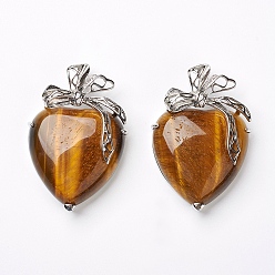 Тигровый глаз Подвески тигровый глаз, с латунной фурнитурой платинового цвета, сердце, 46x32x10 мм, отверстие : 3.5x6 мм