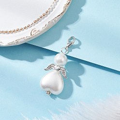 Античный Серебристый & Платиновый 50шт. АБС-пластик, имитация жемчуга и стеклянный жемчуг, подвеска в форме сердца в виде ангела, украшения, с крыльями из сплава и застежками-клешнями, белые, старинное серебро и платина, 47 мм, Кулон : 37x27x10 мм