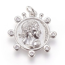 Платина Латунные подвески, с кубического циркония, цветок с человеком, прозрачные, платина, 21x20x2 мм, отверстие : 2.5 мм