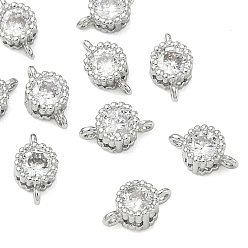 Real Platinum Plated SHEGRACE Brass Pave Clear Cubic Zirconia Flat Round Connector Charms, Cadmium Free & Nickel Free & Lead Free, Long-Lasting Plated, Real 18K Gold Plated, Real Platinum Plated, 7x4x3mm, Hole: 0.8mm