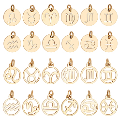 Golden 24 Stück 2 Sets 2 Stile Ionenplattierung (IP) 201 Edelstahl-Anhänger, Laserschnitt, mit Ringe springen, flacher runder/ringförmiger mit 12 Sternbildern, golden, 12x12x1 mm, gesamt: 12 pcs / set, 1 einstellen/stil