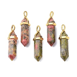 Унакит Подвески из натурального унакита, с произвольным латунным кулоном с шестигранной головкой для бусинок, золотые, пуля, 38.5~40x12~12.5x10~11 мм, отверстие : 3x4.5 мм