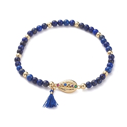 Lapis Lazuli Natural Lapis Lazuli Stretch Charm Bracelets, with Brass Beads, Brass Micro Pave Cubic Zirconia Links, Polyester Cotton Tassel and Cardboard Packing Box, Cowrie Shell, 2-1/8 inch(5.5cm)