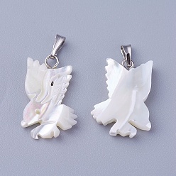 Shell Shell Pendants, with Brass Findings, Hawk, Platinum, 19.5~21x13~14x2.7~3.4mm, Hole: 2x5mm
