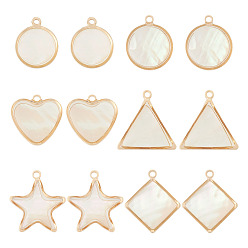 Белый 12шт 6 стили подвески из натуральных ракушек, геометрические прелести, с золотистым сплавом и латунной фурнитурой, плоский круглый и звезда и ромб, разнообразные, белые, 14~18.5x12~17x2~5.5 мм, отверстие : 1.2~1.6 мм, 2 шт / стиль