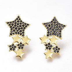 Golden Brass Micro Pave Black Cubic Zirconia Star Stud Earrings, with Plastic Ear Nuts, Long-Lasting Plated, Golden, 30x16.5mm, Pin: 0.8mm